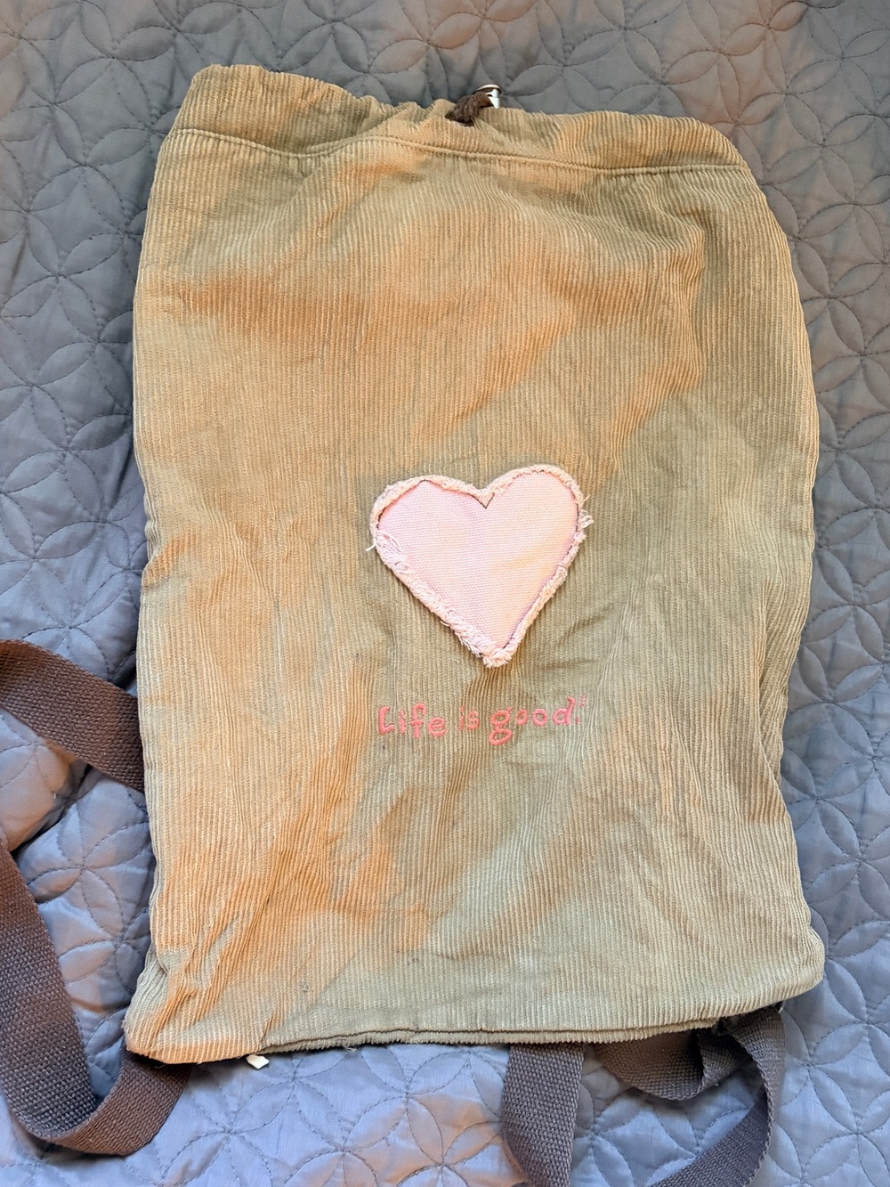 Vintage Life Is Good Corduroy Drawstring Backpack Cinch Bag Pink Heart Tan Y2K